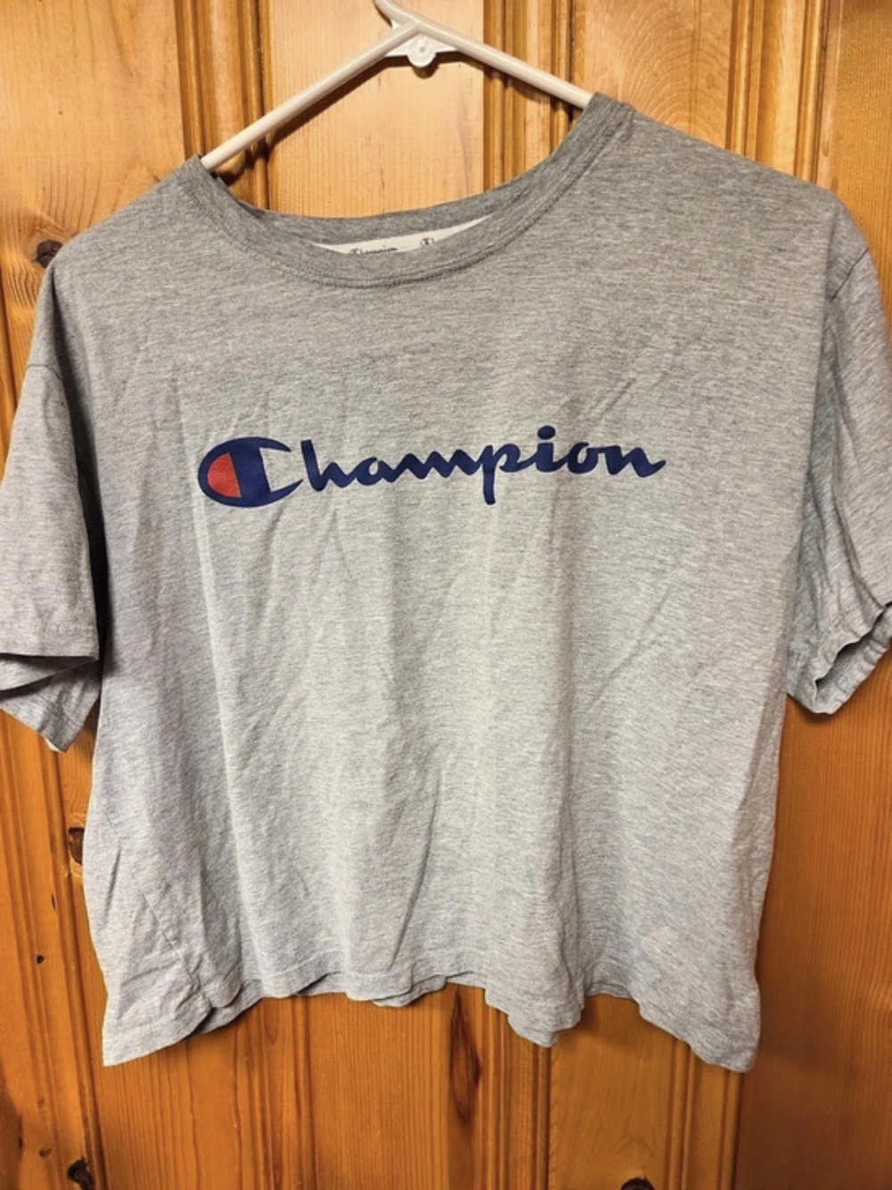 Champion Heritage Cropped T-Shirt with Script Logo Short Sleeve Tee in Gray